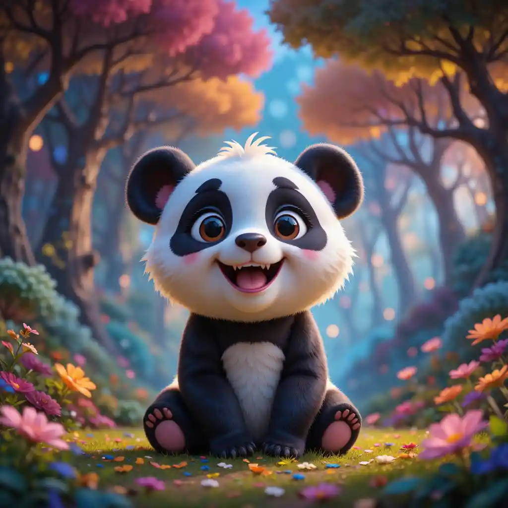 Adorable bébé panda de dessin animé dans une forêt magique