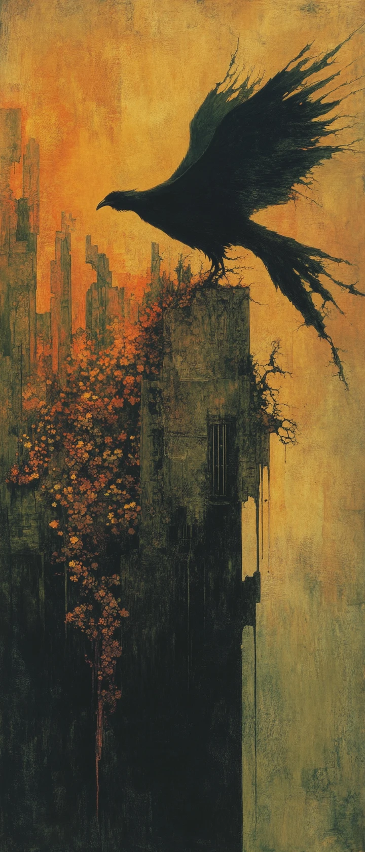Fênix erguendo-se sobre uma cidade de concreto silenciosa ao amanhecer
