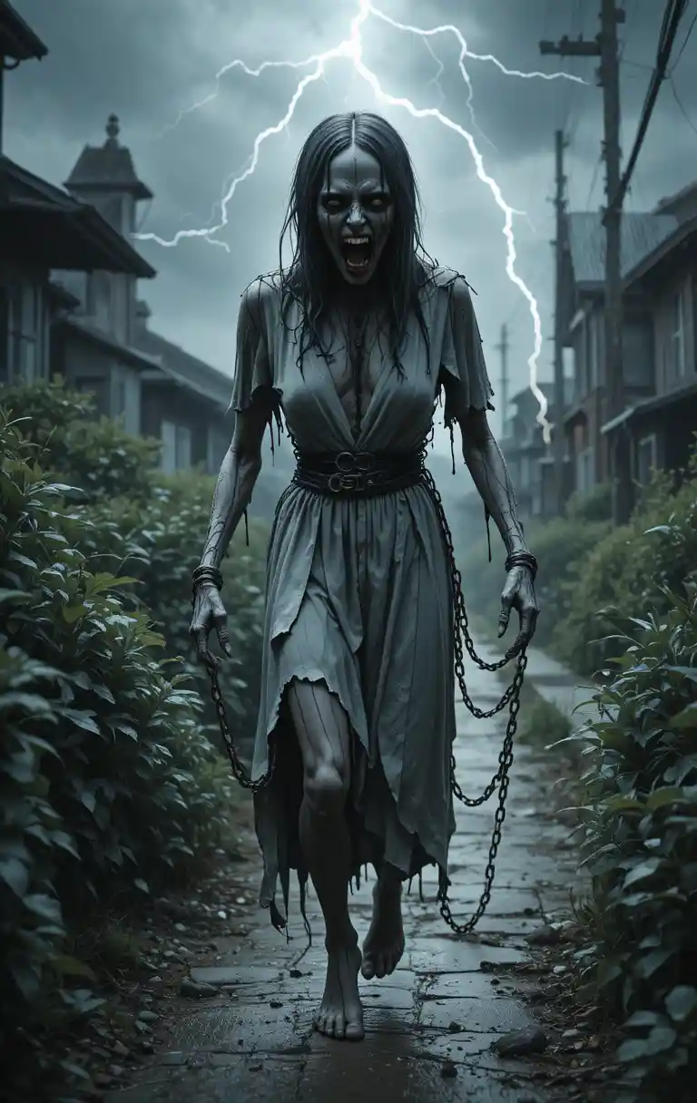 Aterrador fantasma encadenado flotando por una calle oscura