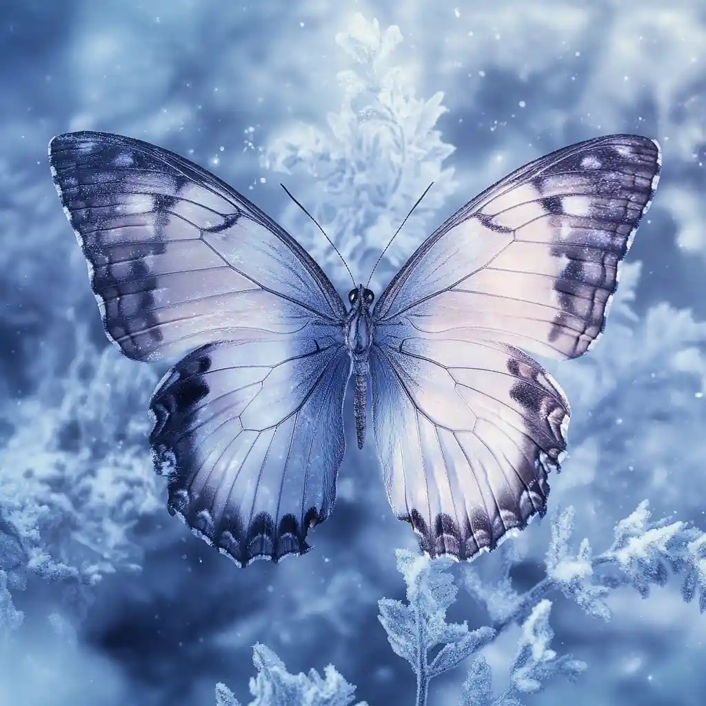 Ailes de papillon majestueuses encadrant un paisible paysage enneigé