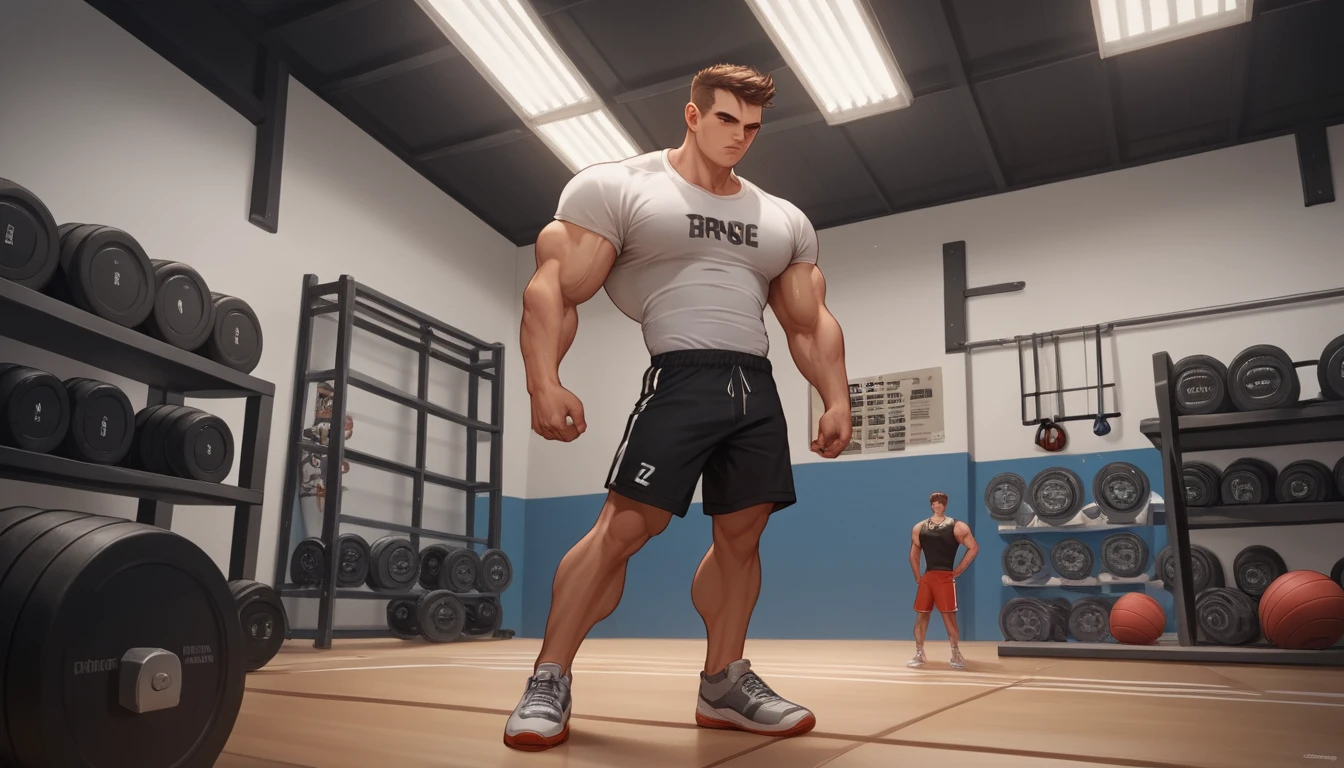 Homem musculoso de roupa de academia em uma antiga academia de garagem