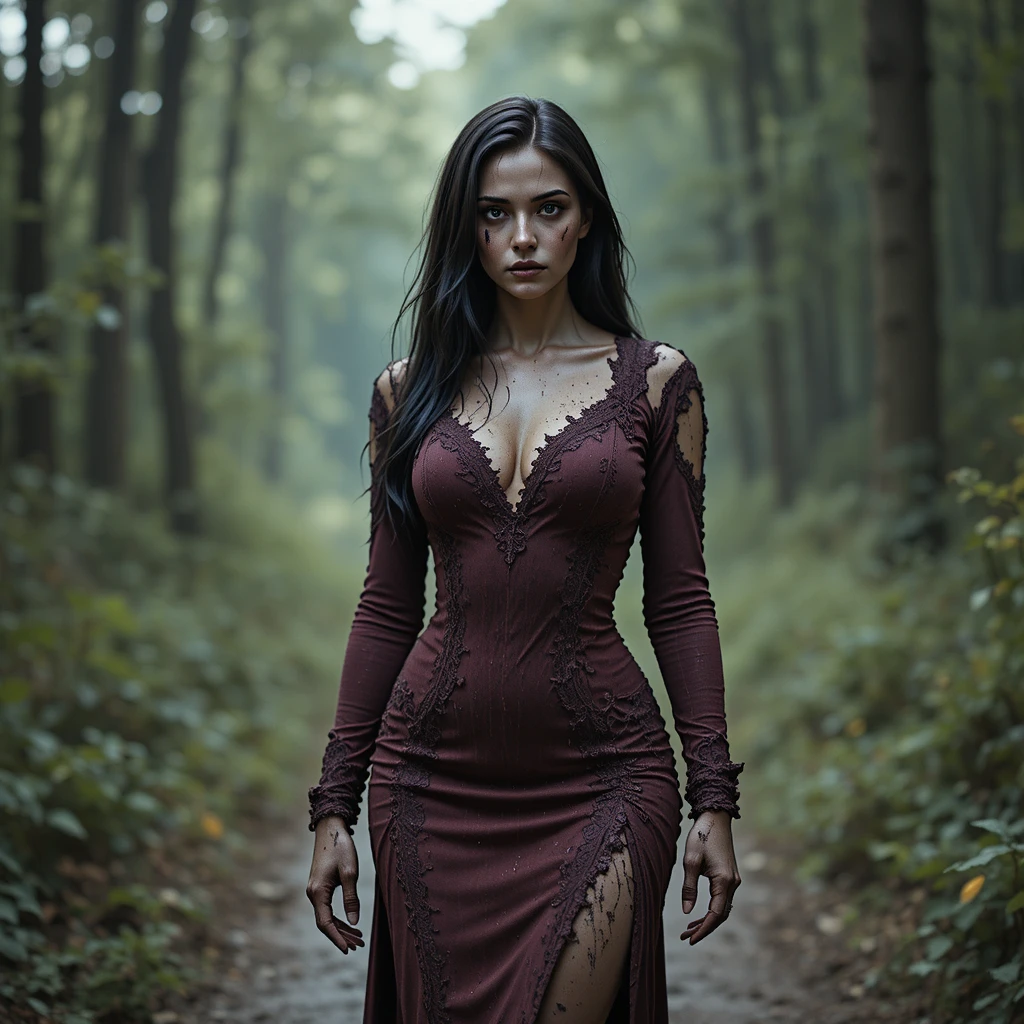 Mujer madura con vestido burdeos rasgado en sendero del bosque