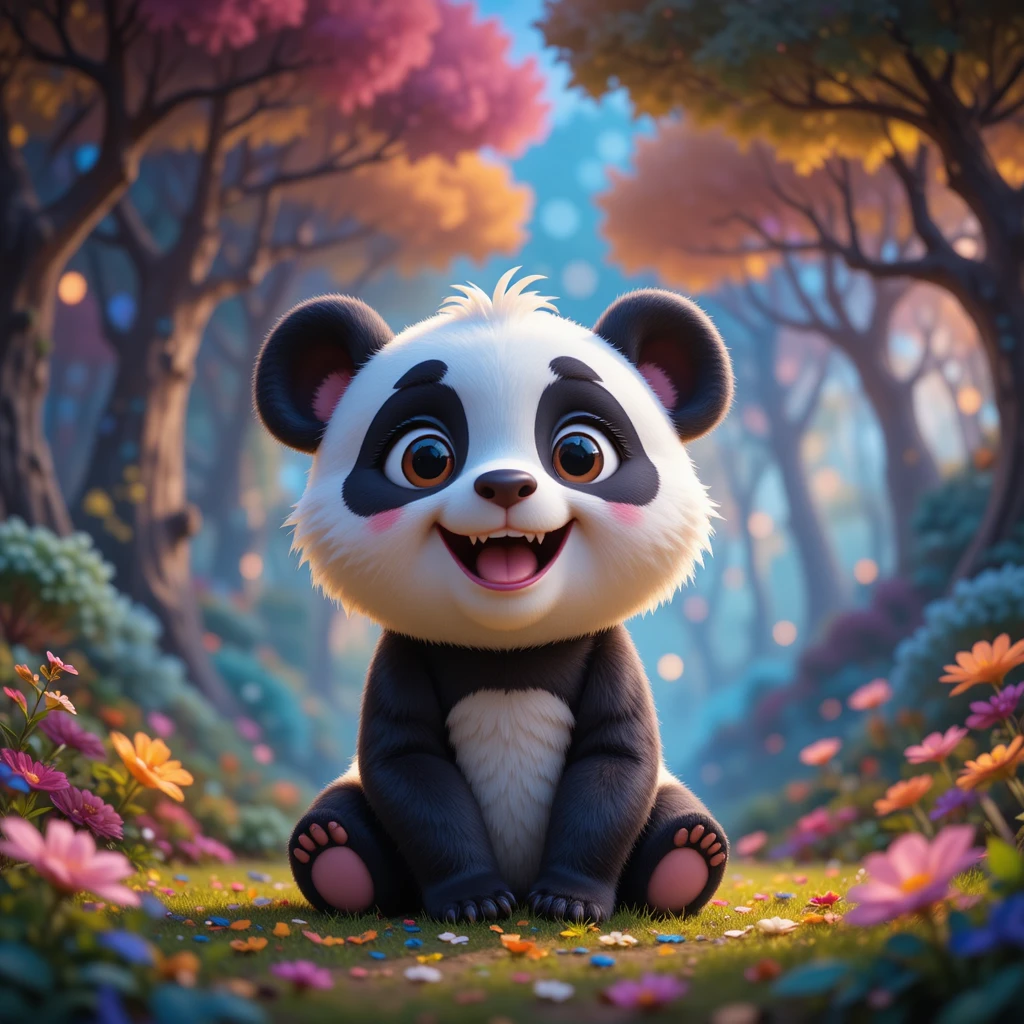Adorável filhote de panda em desenho animado em uma floresta mágica
