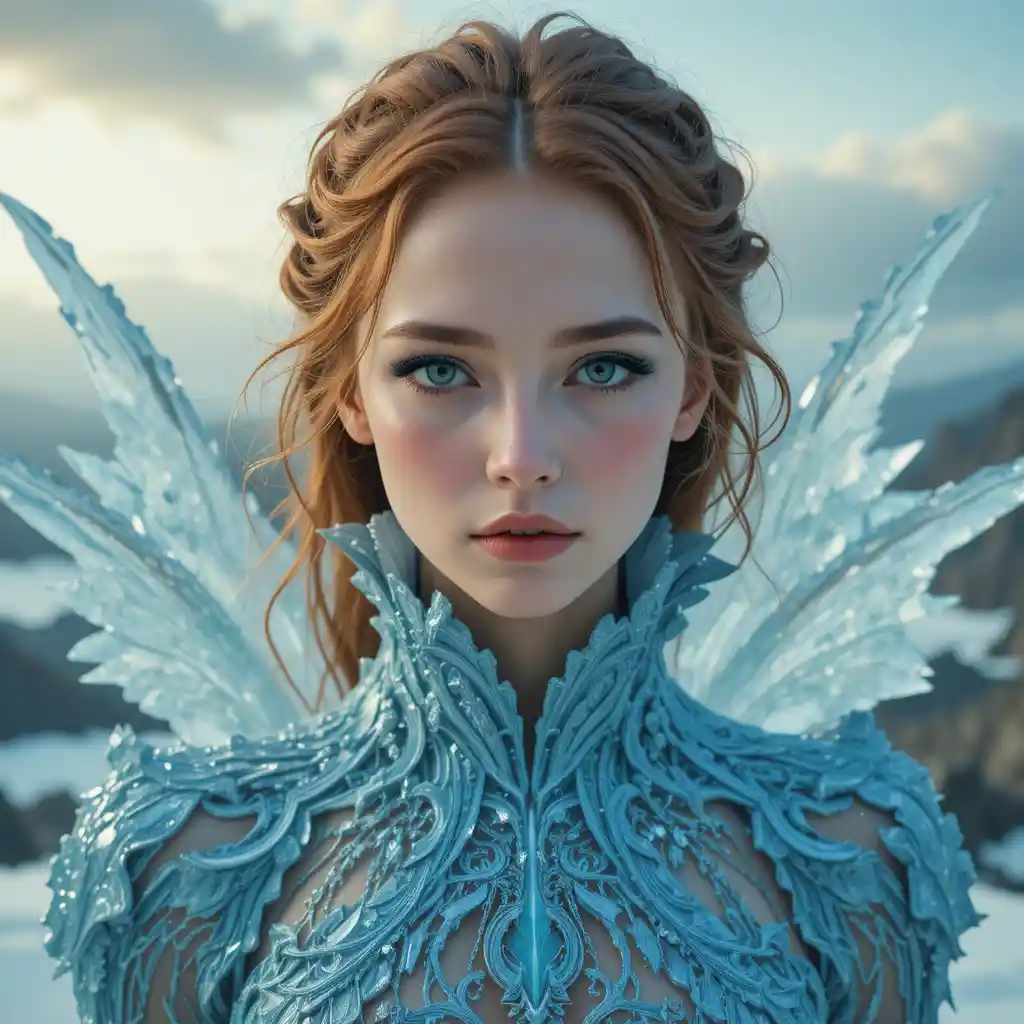 Ethereal girl with crystal wings in a soft cloudy sky
