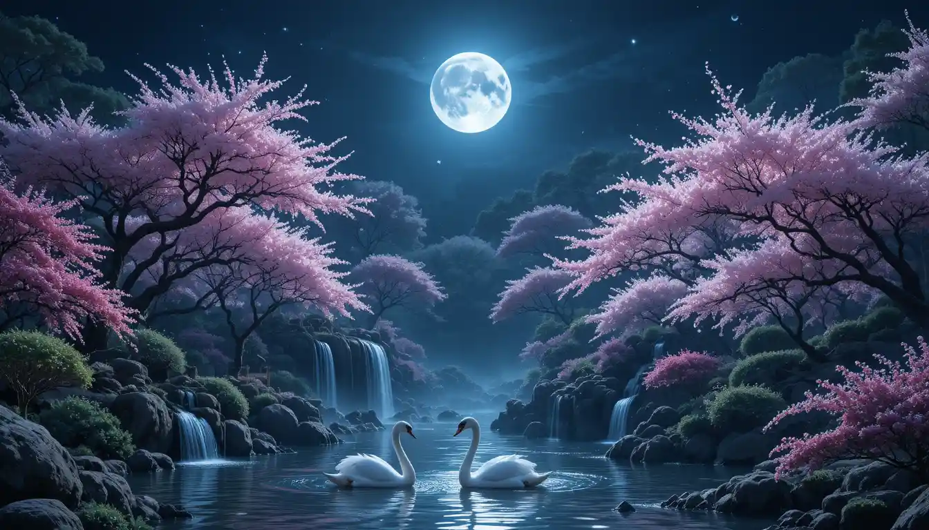 Peaceful Moonlit Japanese Garden With Swans And Waterfalls