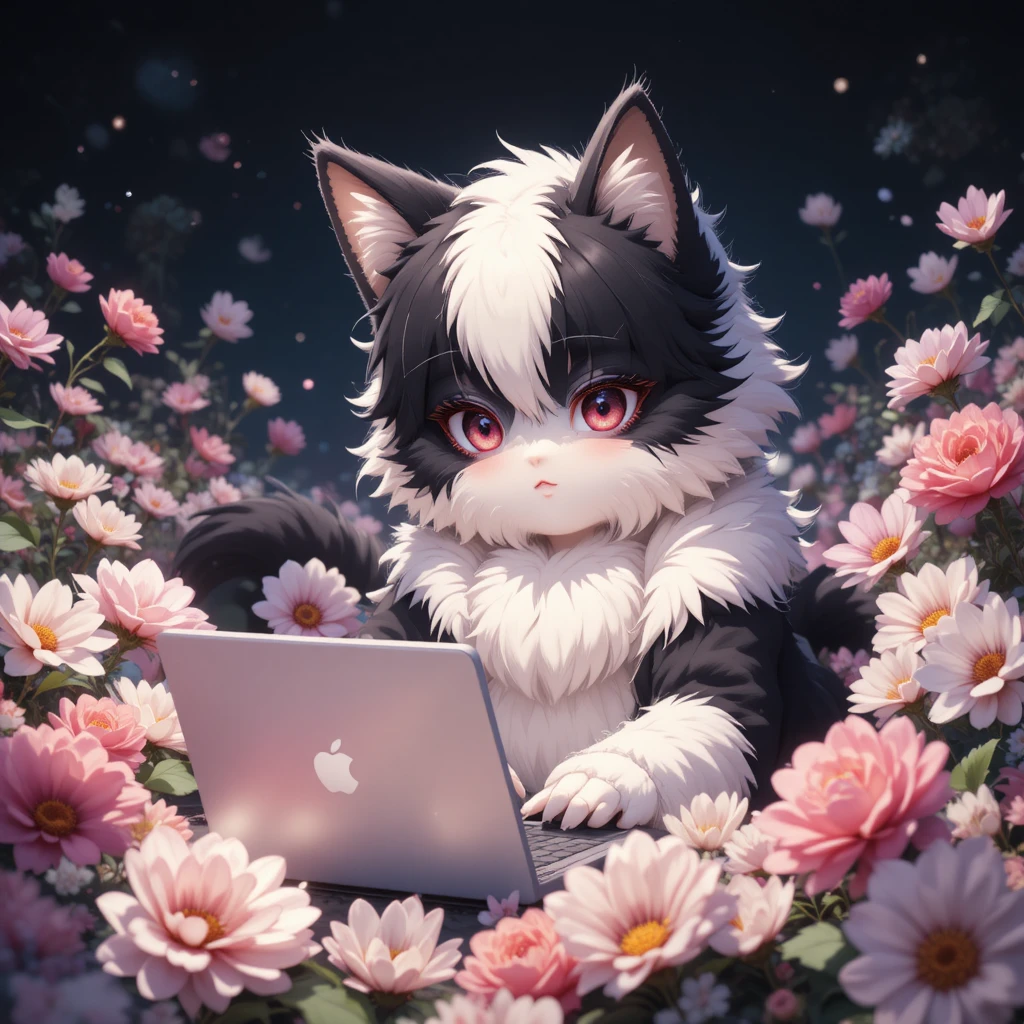 Gato fofo de anime brincando com laptop entre flores