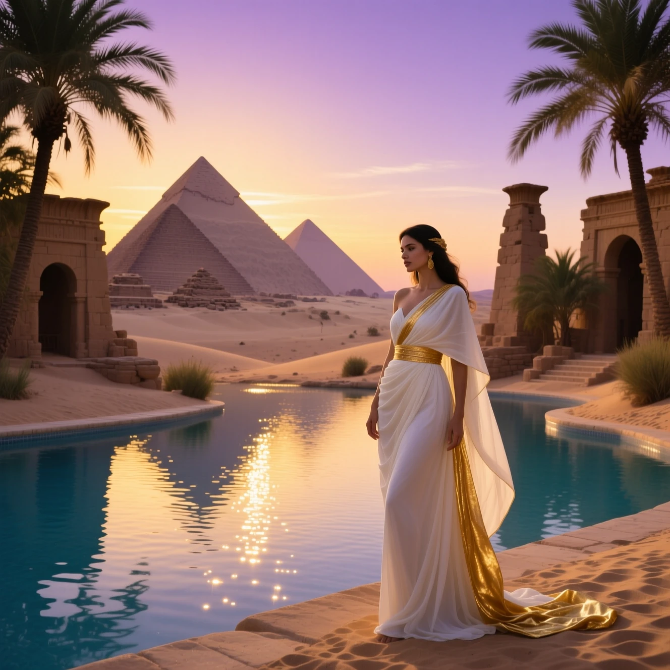 Mujer elegante junto a un tranquilo oasis en el desierto egipcio al atardecer