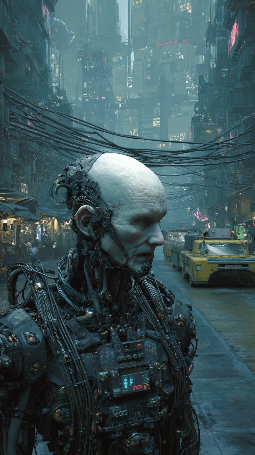 Ciborgue cyberpunk com armadura pesada e mandíbula mecânica ameaçadora