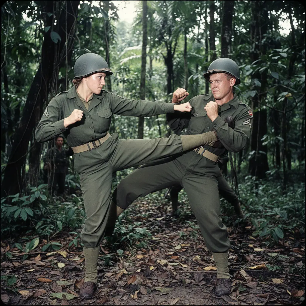 Treinamento de combate corpo a corpo de soldados americanos na selva