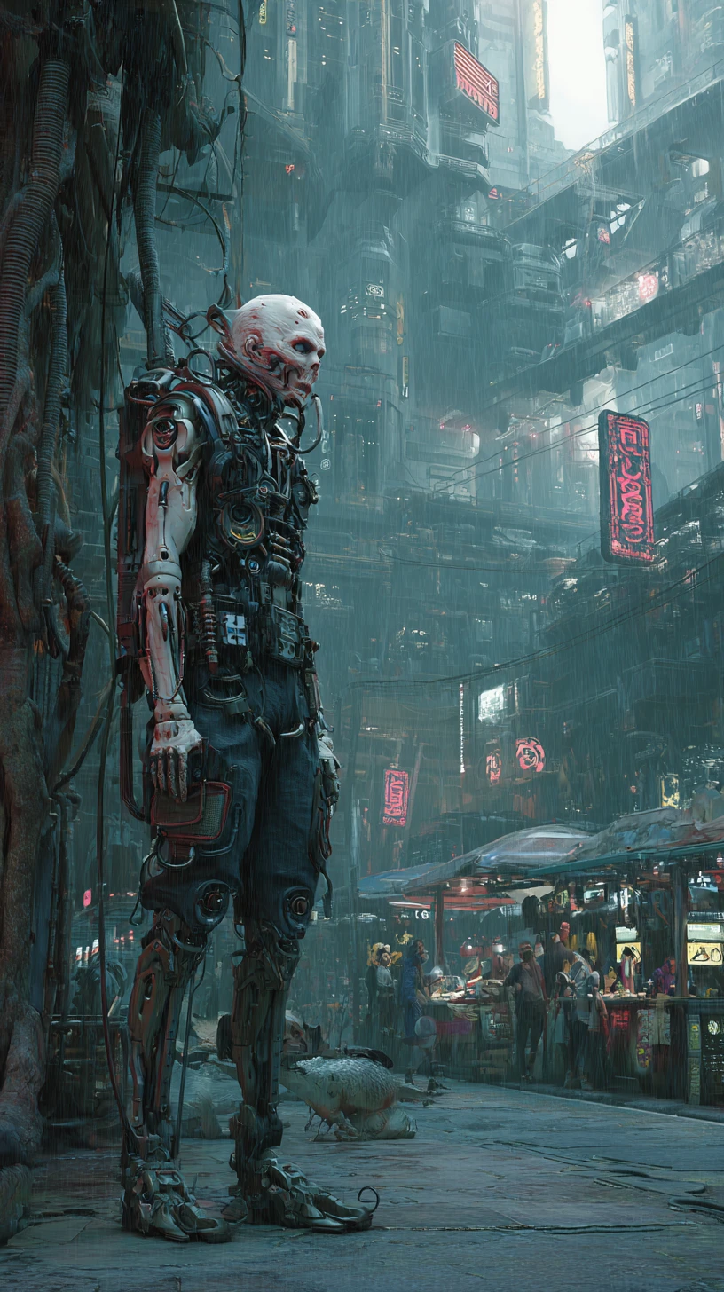 Cyborg cyberpunk en armure tactique lourde sur tout le corps