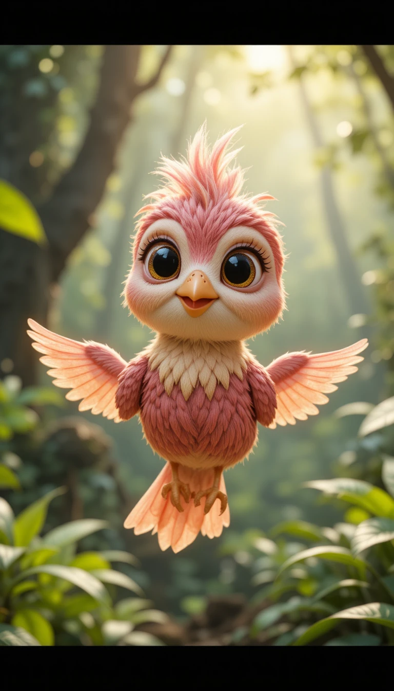 Dolce uccellino rosa cartoon che vola in una foresta luminosa