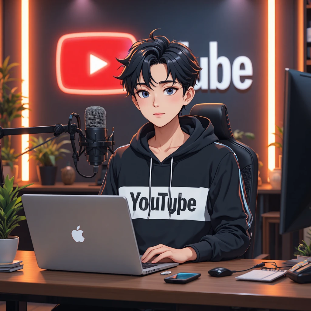 Avatar de garçon YouTuber façon anime à un bureau de studio moderne