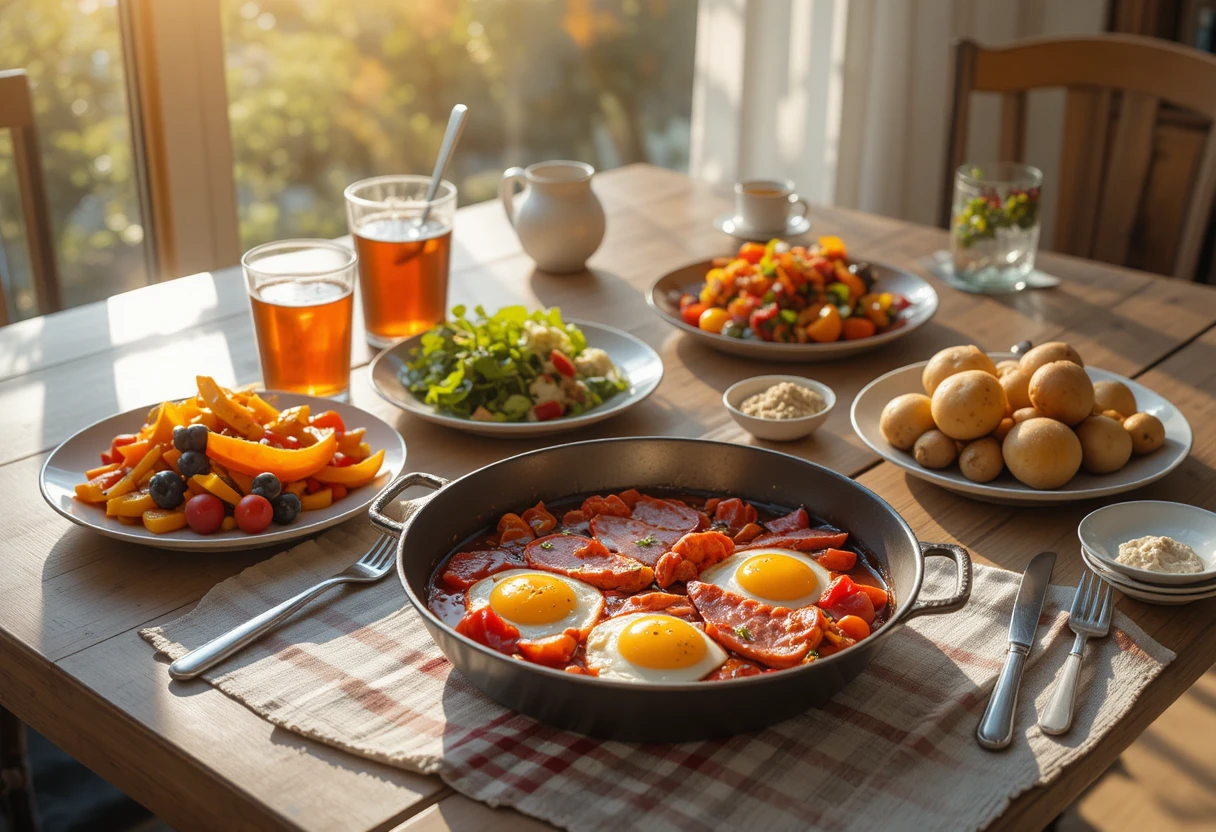 Sonniges Frühstück auf einem gemütlichen Esstisch