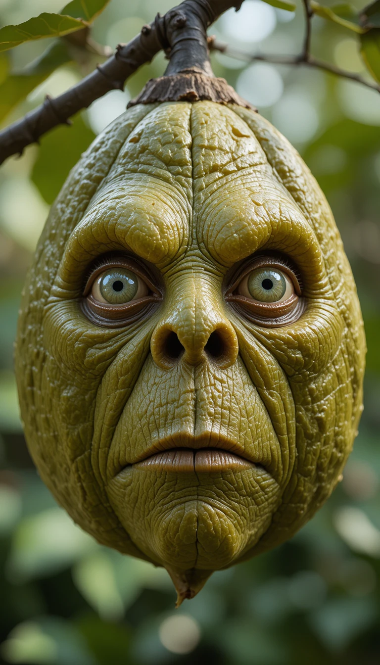 Ripe ugli fruit with ancient face illusion on branch