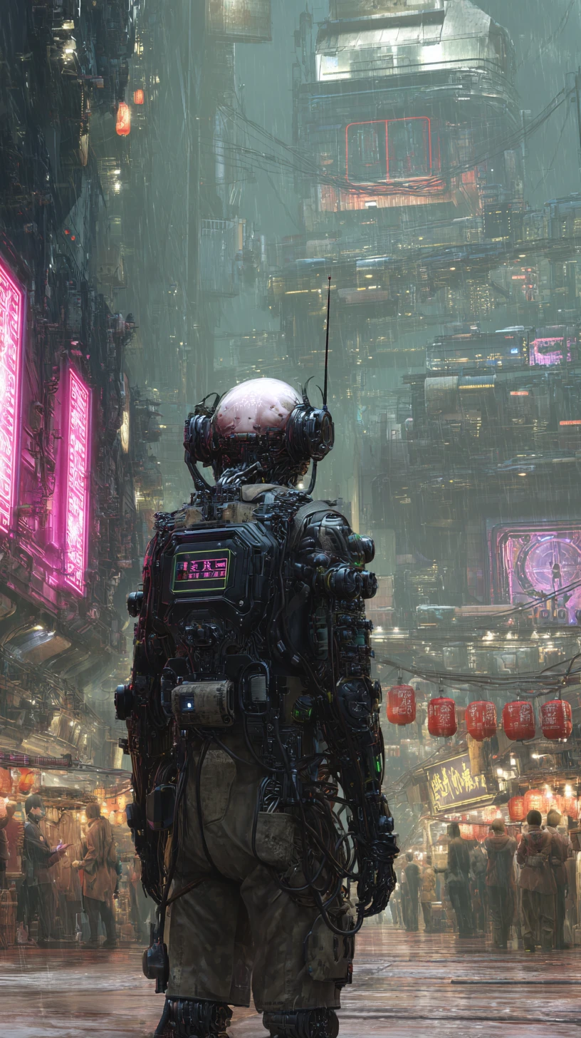 Ciborgue cyberpunk ameaçador em armadura futurista sombria