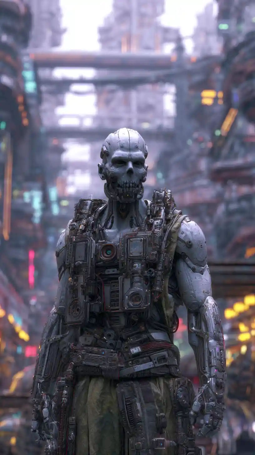 Ciborgue de corpo inteiro com armadura pesada em ruas cyberpunk