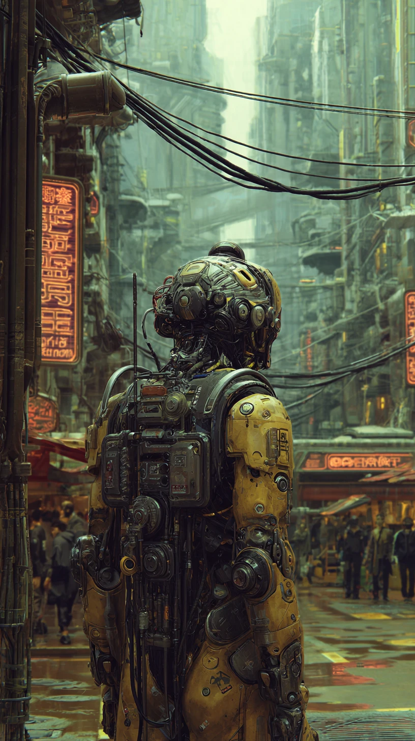Ciborgue ameaçador em armadura tática em uma cidade cyberpunk sombria