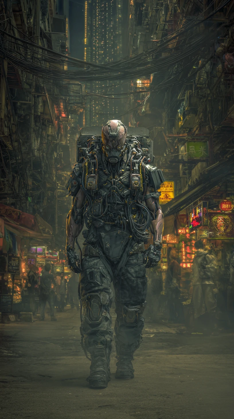 Ciborgue cyberpunk de corpo inteiro com armadura tática, vista frontal