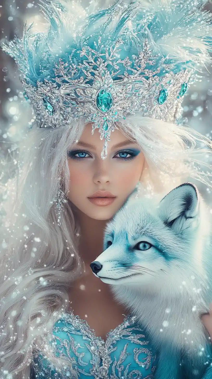 Ragazza fantasy nella neve con una volpe artica turchese