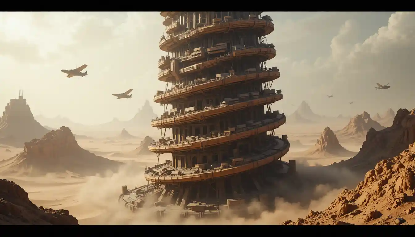 Ciudad desértica en espiral alrededor de una antigua perforadora planetaria
