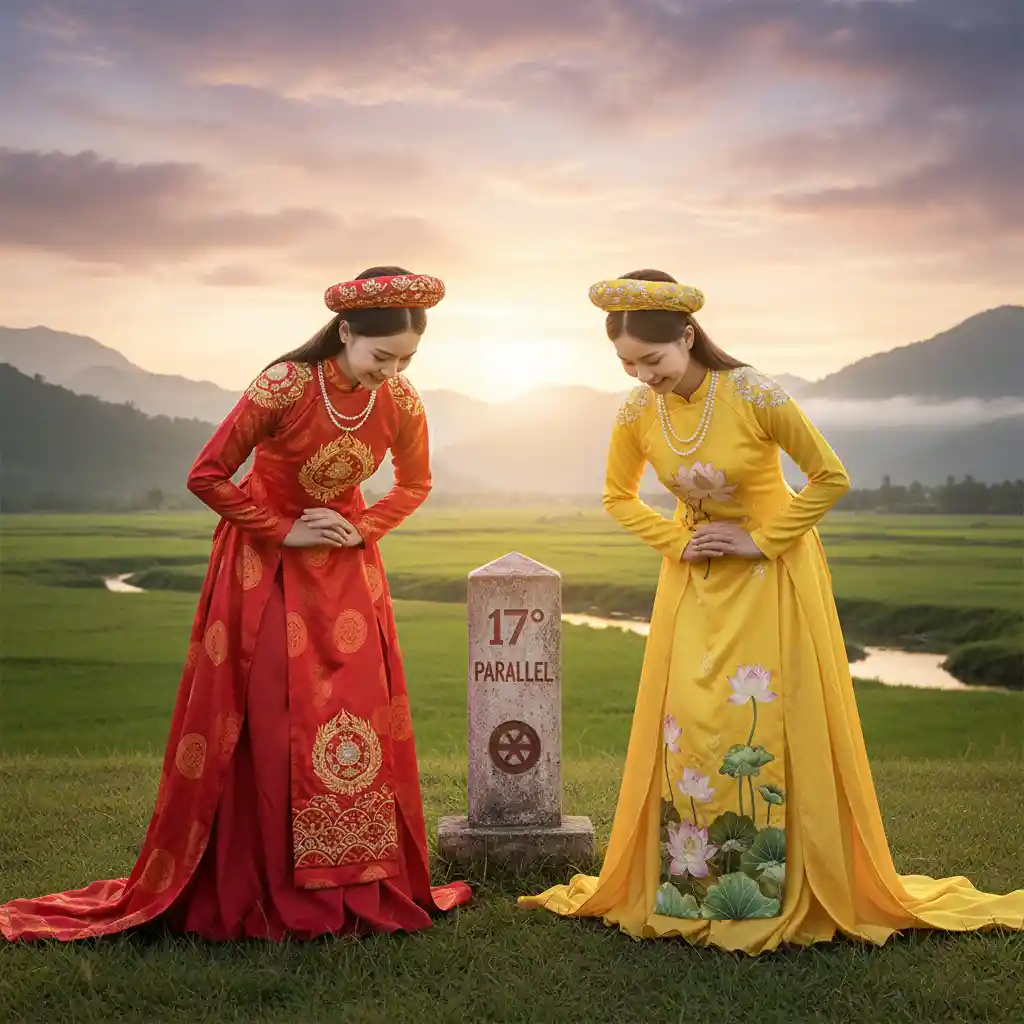 Two Vietnamese girls in princess gowns curtsying together outdoors