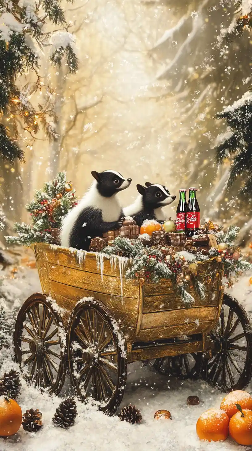 Playful skunks riding in a festive winter wagon