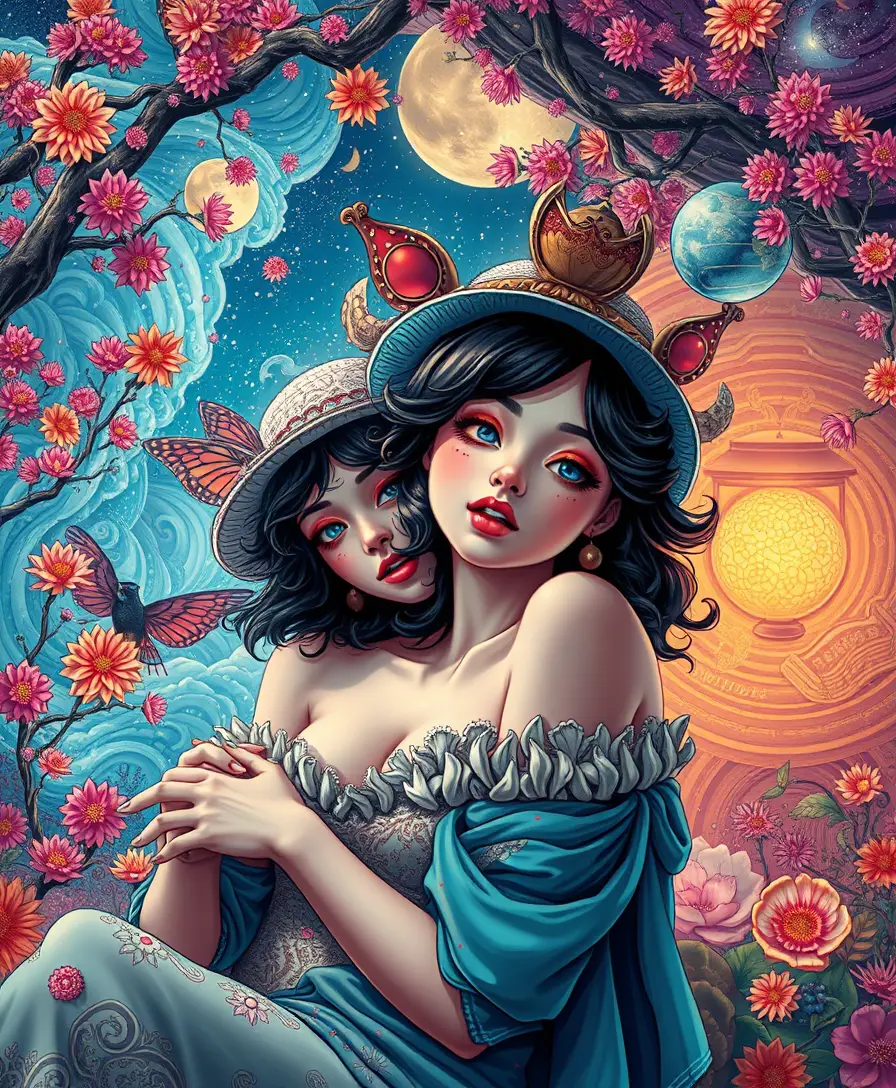 Verspielte Fantasy-Figuren in einer surrealen Comic-Landschaft