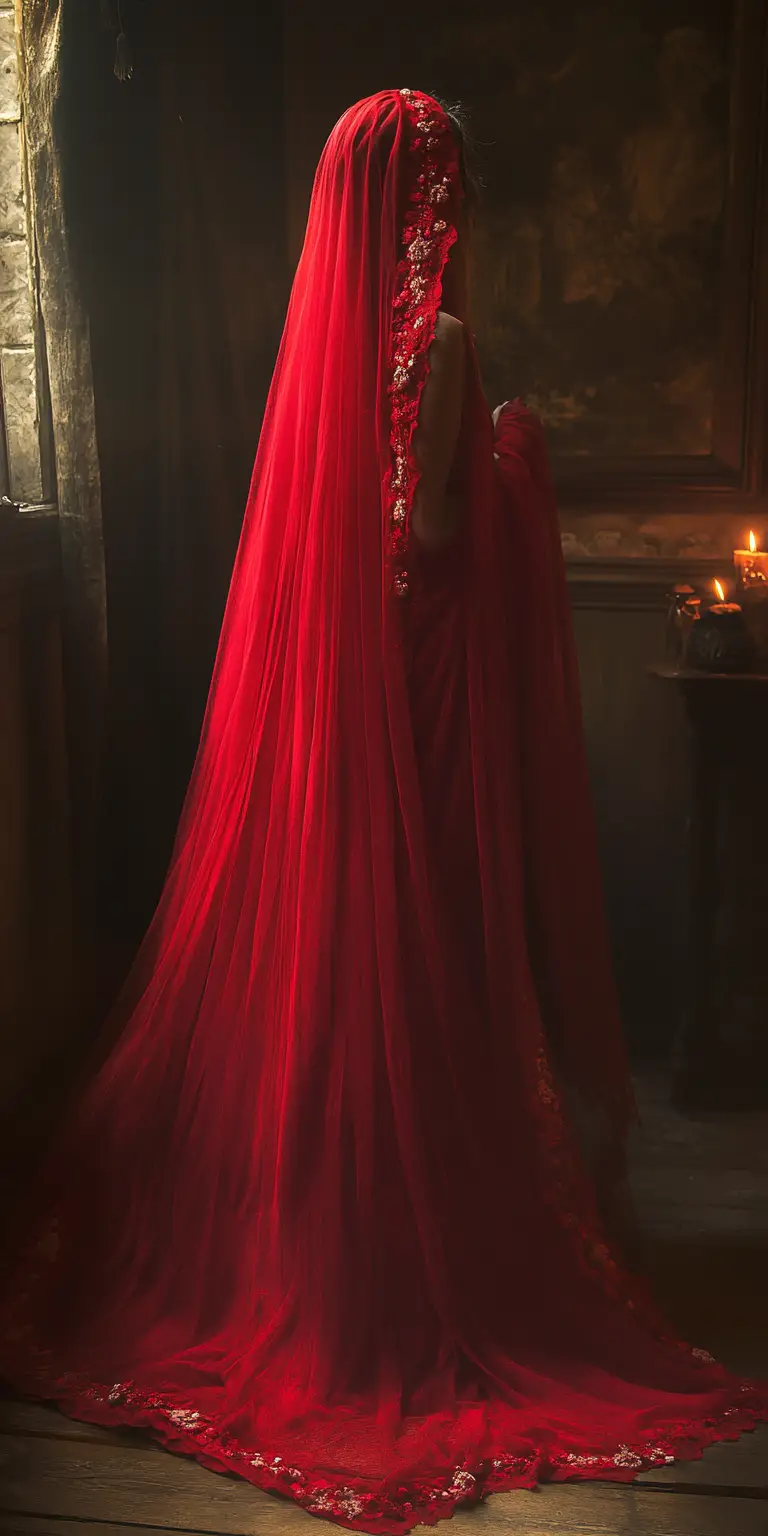 Femme mystérieuse en robe rouge sous un long voile