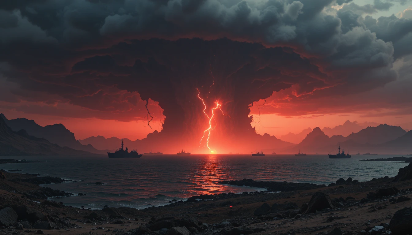 Litoral apocalíptico ao pôr do sol com navios de guerra no horizonte