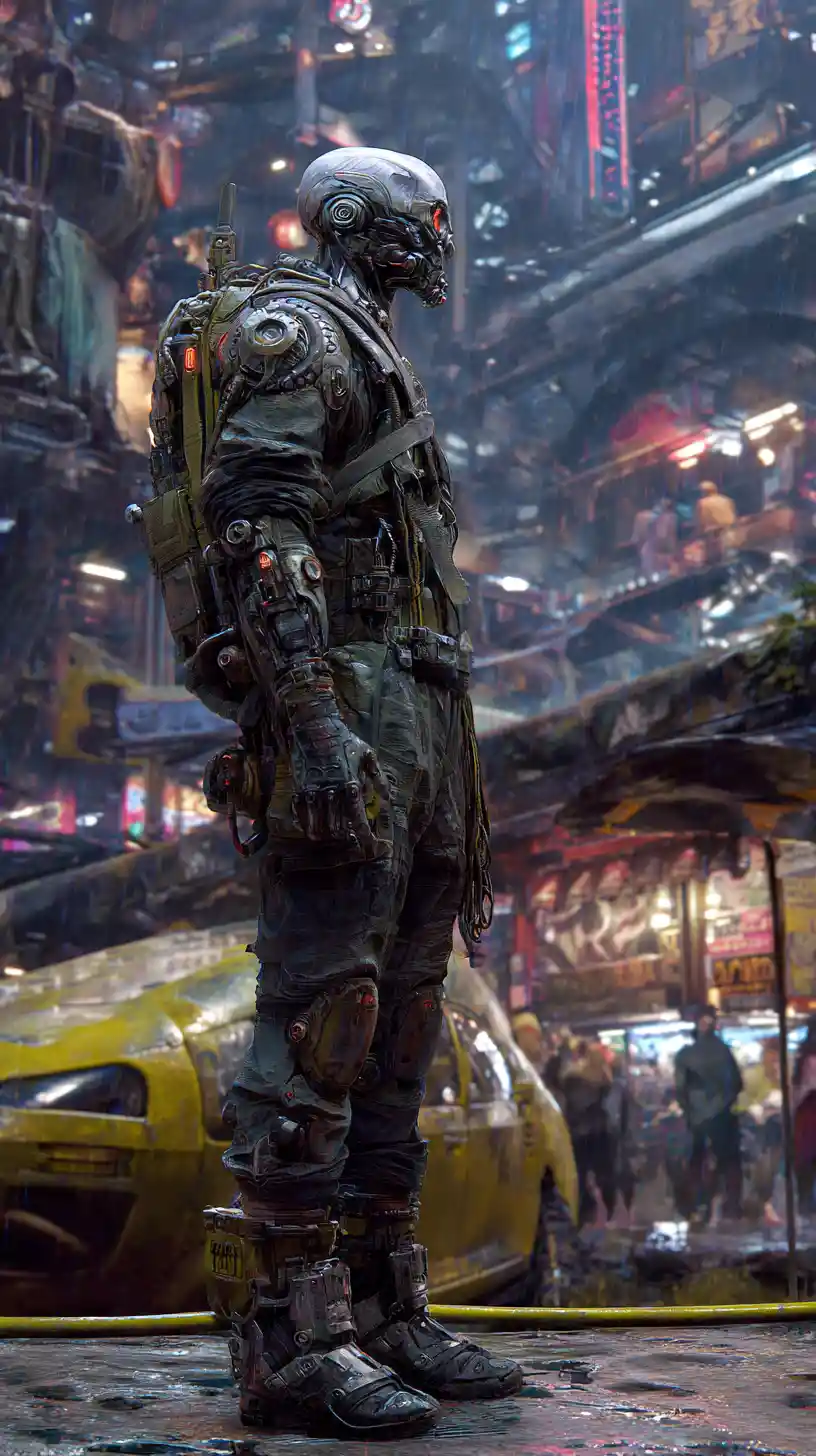 Cyborg menaçant en lourde armure dans un monde cyberpunk sombre