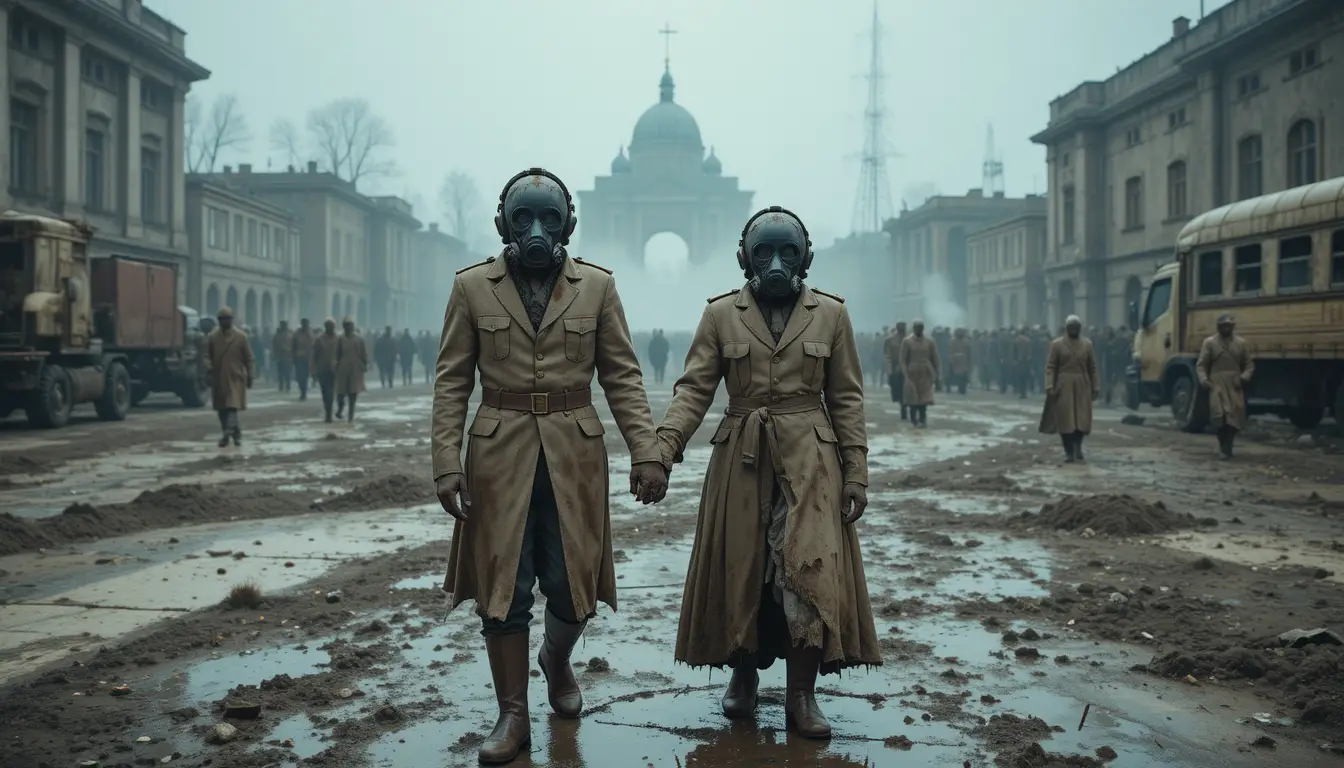 Noiva e noivo com máscaras de gás na praça destruída de Chernobyl