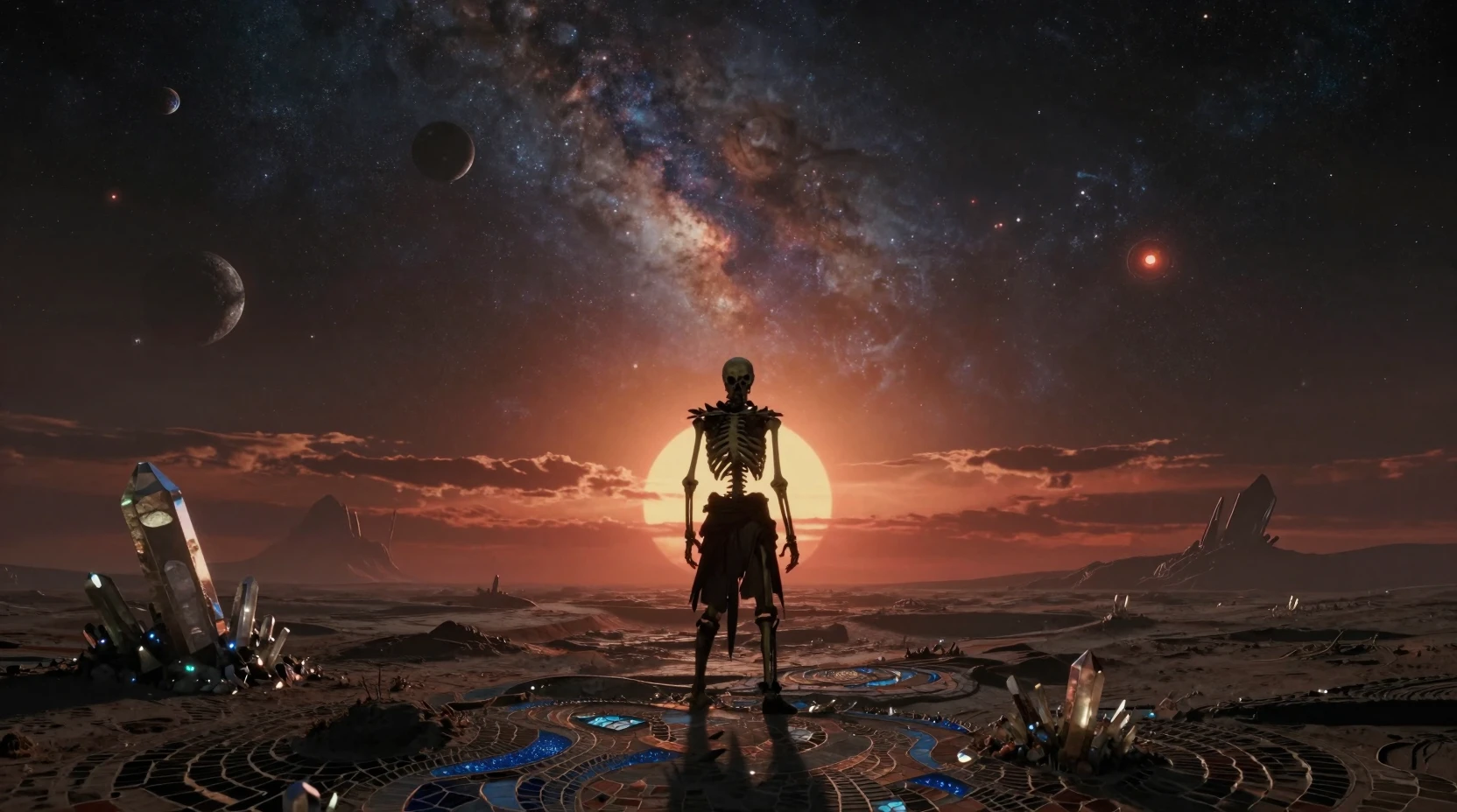 雙日落下的異星世界中的孤獨骷髏戰士