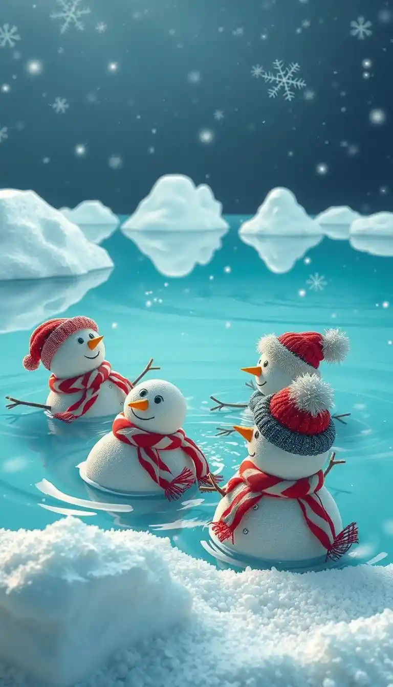 Schneemänner entspannen in einer ruhigen Pfefferminz-Pool-Landschaft