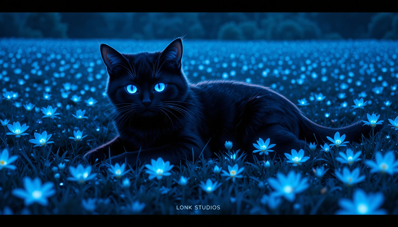 Gatto nero in stile anime in un campo di fiori blu mezzanotte luminosi