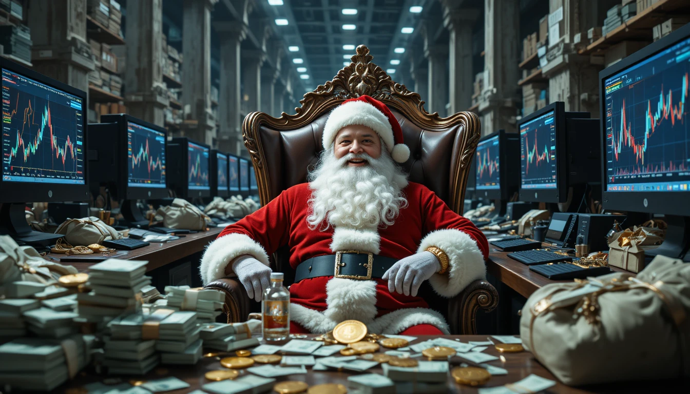 Santa Claus in a money filled warehouse office