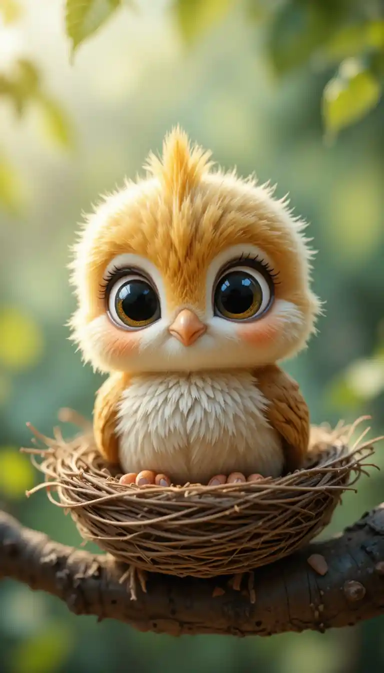 Cute baby bird in a nest on a tree branch