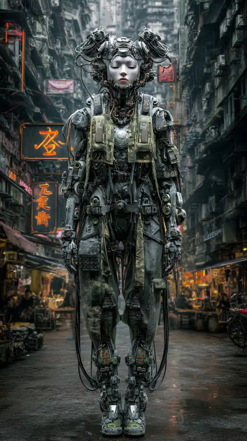 Cyborg-Krieger in schwerer Rüstung in dunkler Cyberpunk-Straße