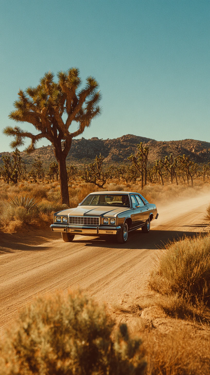Sedã clássico dirigindo por uma estrada tranquila no deserto de Mojave