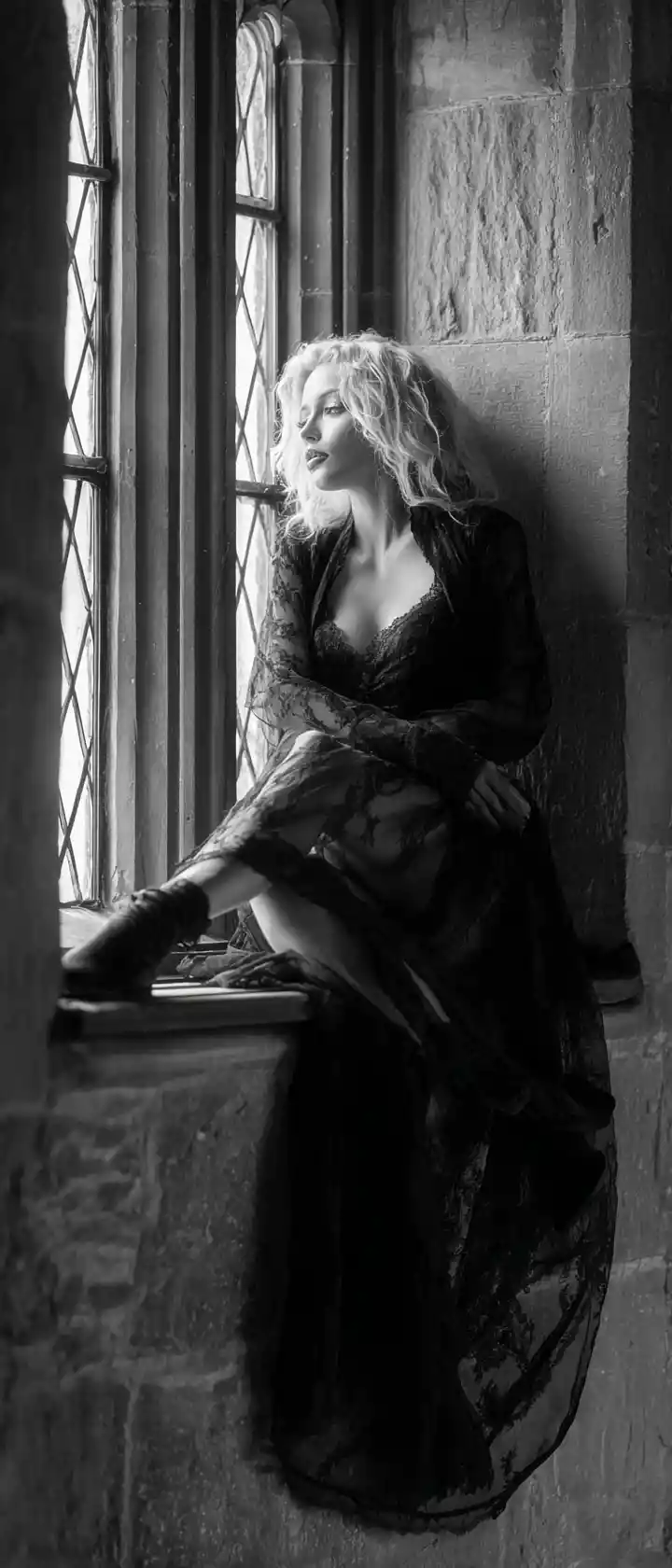 Princesa gótica trepando por la ventana de un castillo a la luz de la luna