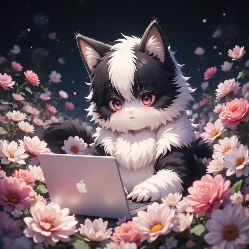 Gatto anime soffice che gioca con un laptop tra i fiori