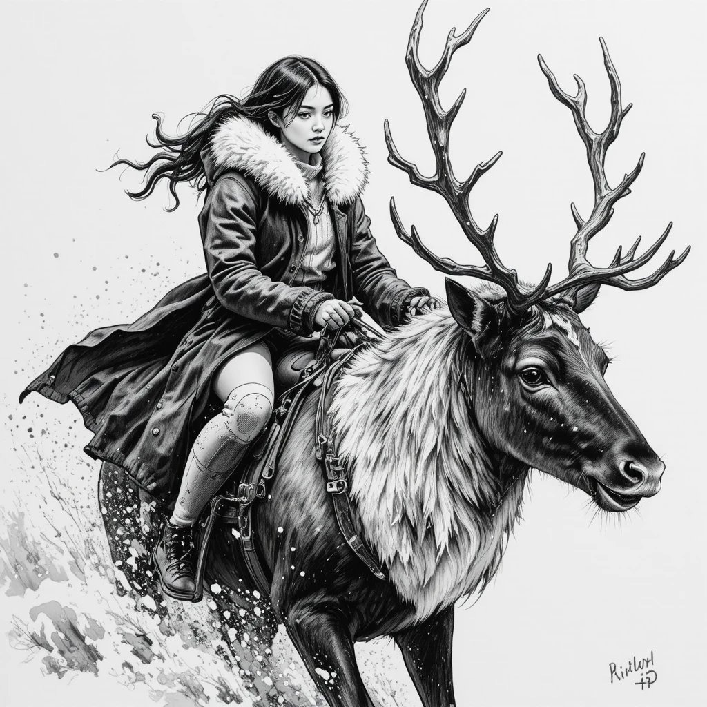 Girl riding a magical reindeer through a raging snowstorm