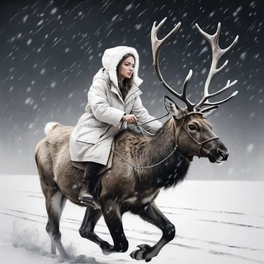 Girl Riding A Magical Reindeer Through A Snowstorm