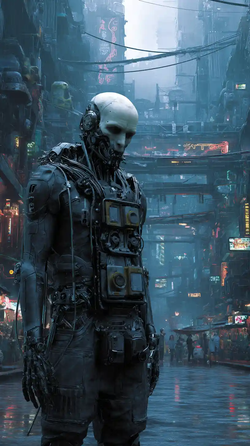 Cyborg cyberpunk menaçant en lourde armure tactique, vue de face
