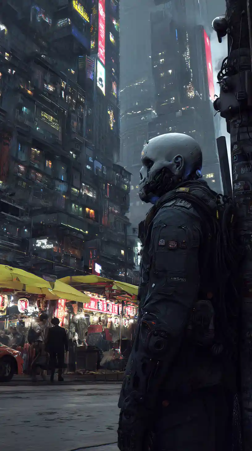 Guerreiro ciborgue em armadura tática em rua sombria cyberpunk
