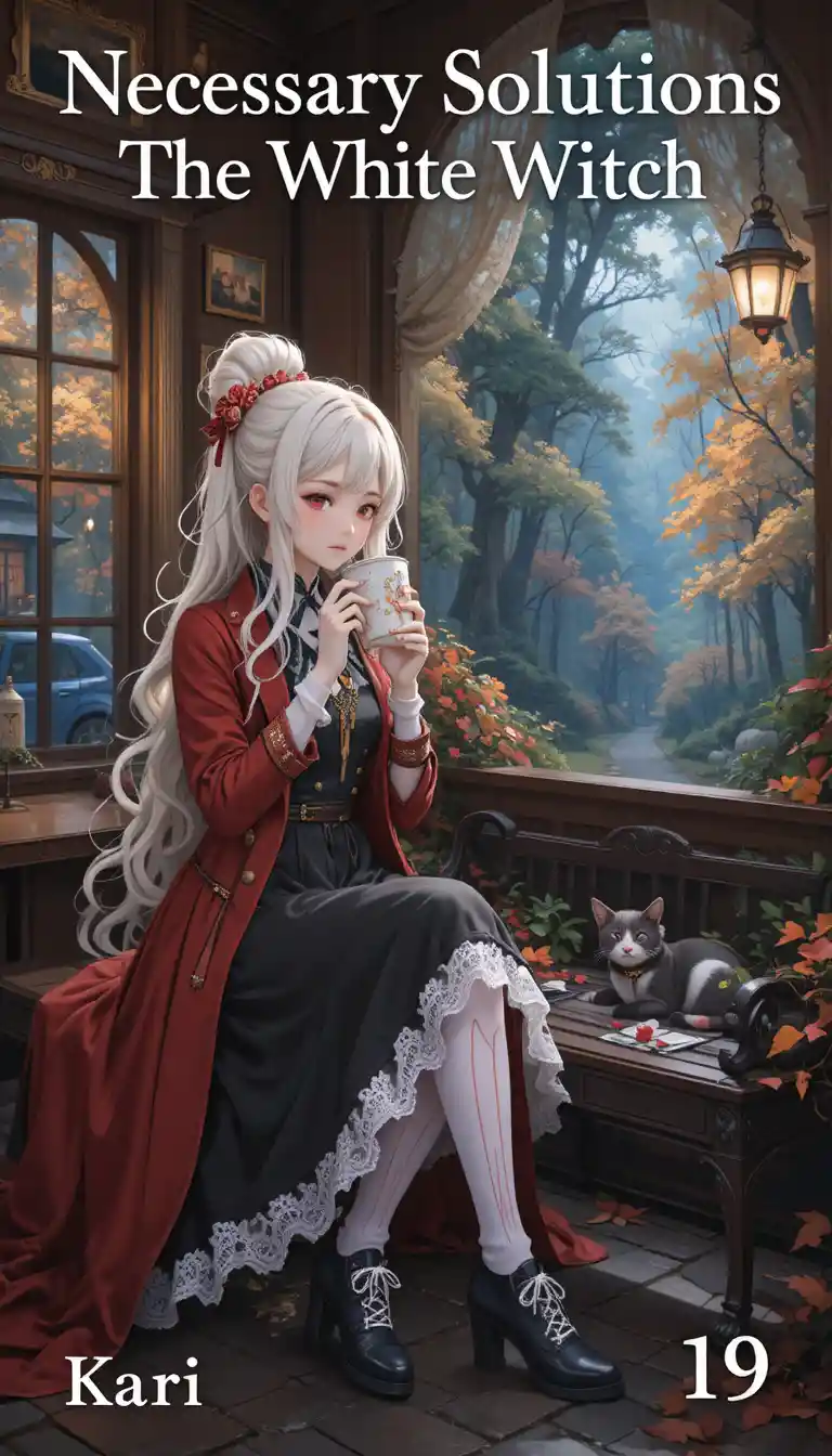 White haired anime girl in red coat at cozy cafe