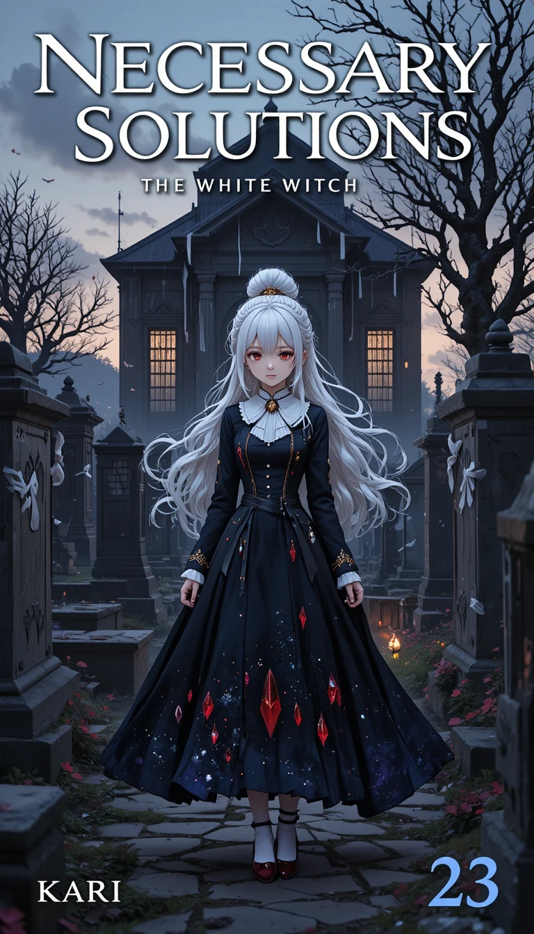Ragazza anime dai capelli bianchi in un cimitero dark fantasy