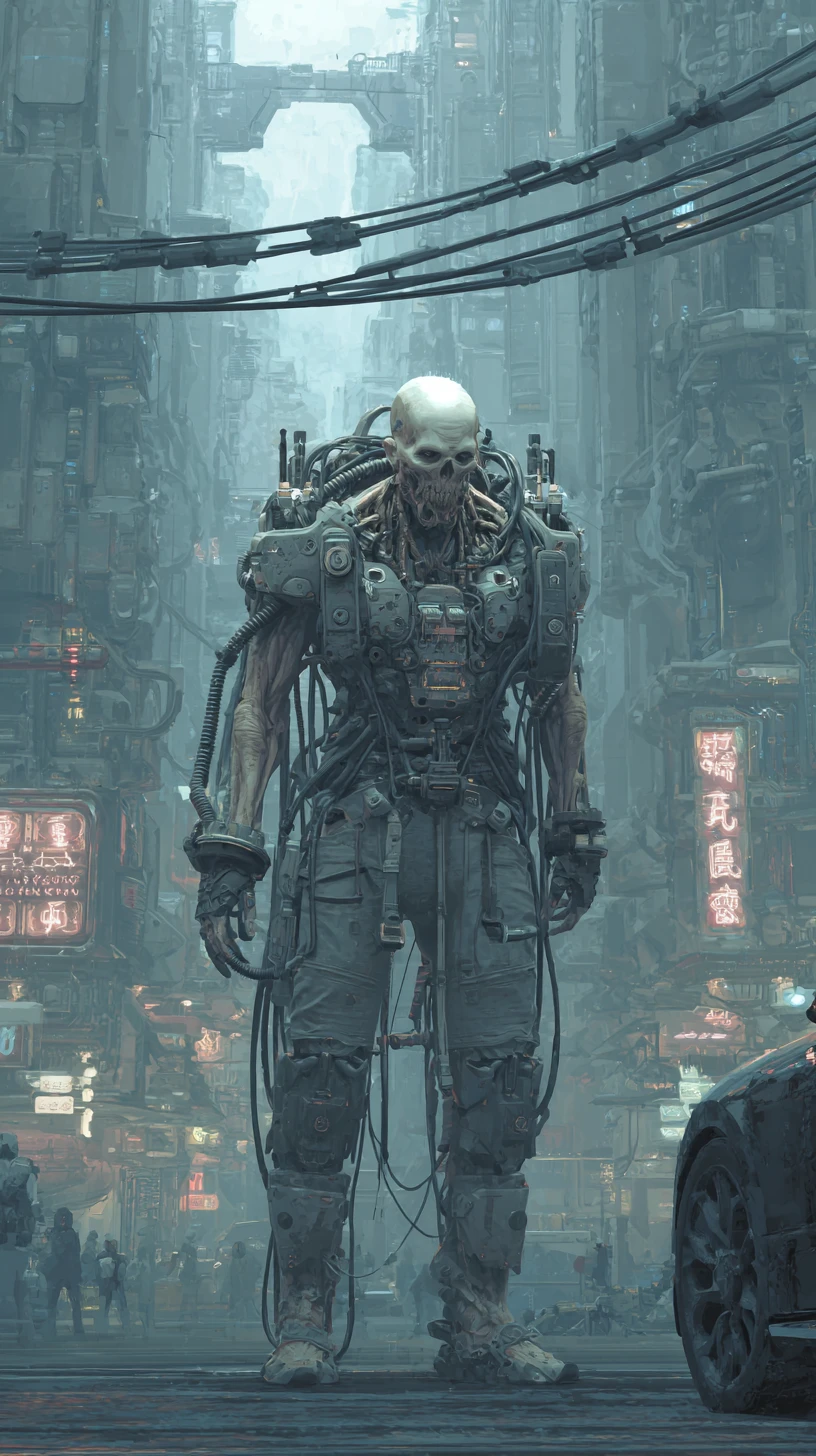 Zumbi ciborgue cyberpunk de corpo inteiro com armadura tática