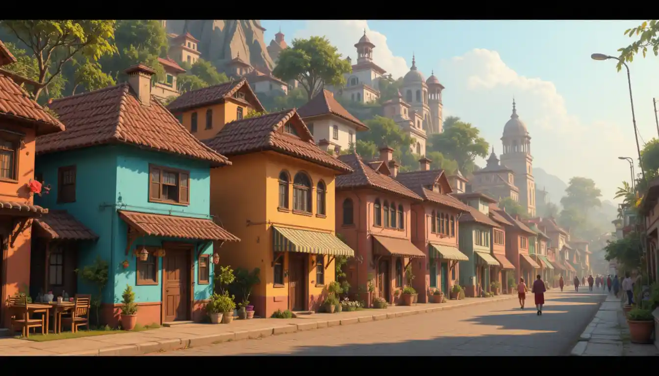Colorful small Indian town in soft morning light