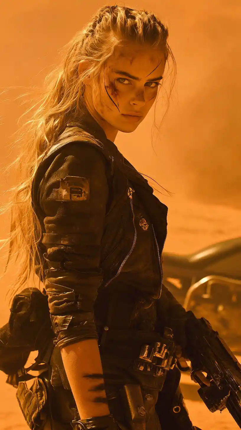 Fierce blonde warrior woman aiming shotgun in desert heat