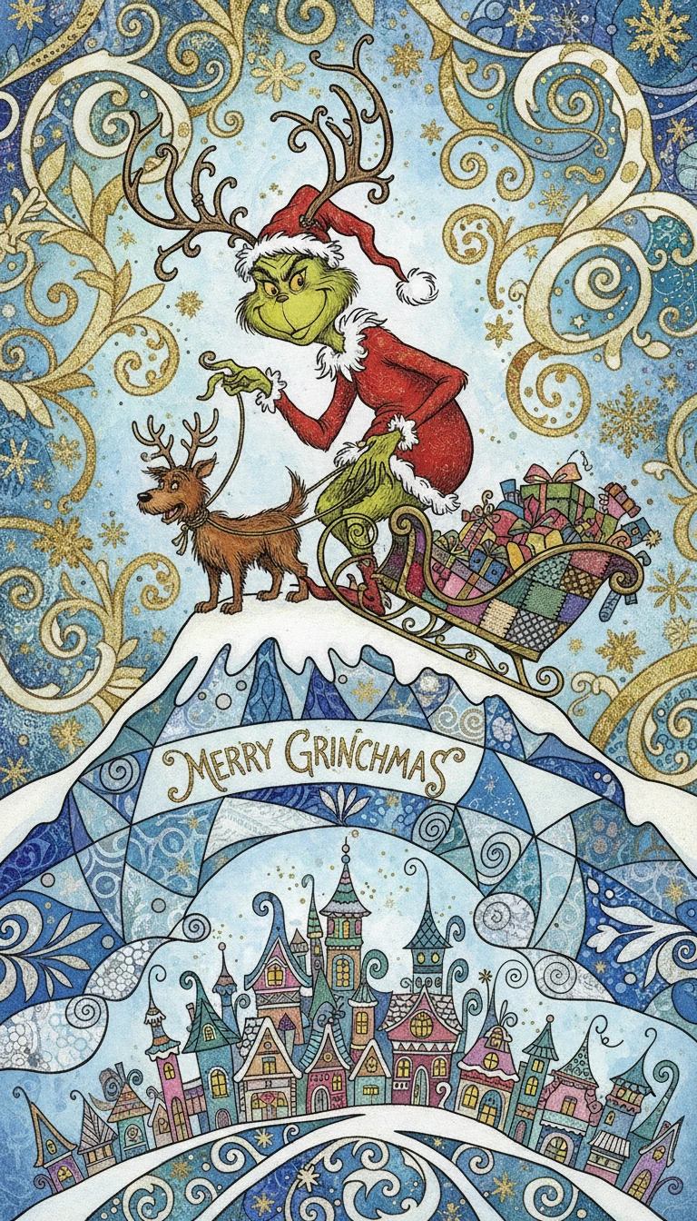 Figura verde del Grinch su vetta innevata sopra città festosa